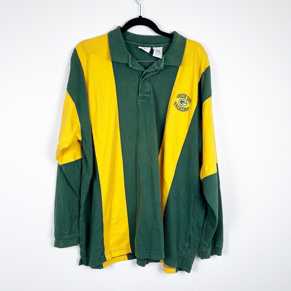 Green Bay Packers Vintage 1999 Long Sleeve Rugby Polo Shirt Mens XL Striped